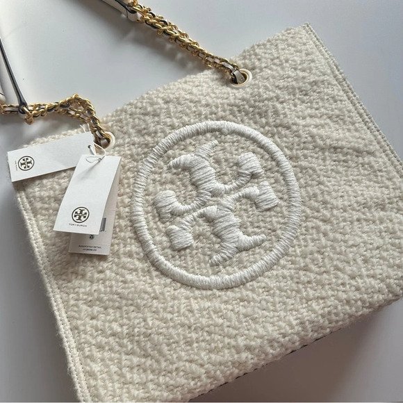 TORY BURCH ELLA LOGO CREAM BOUCLE TOTE BAG LEATHER/CHAIN HANDLE NWT $698 RARE - Picture 9 of 13